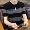 Short-sleeved men's T-shirt for summer 2024, a trendy brand with an ice and linen texture, fashionable wide striped men's short-sleeved T-shirt Specification image